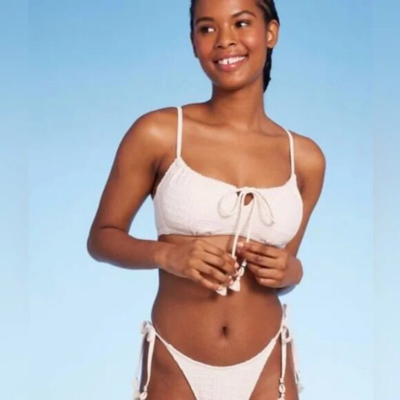 Crochet Tie-Front Bralette Bikini Top Bathing Suit Swimsuit - Wild Fable Cream M - Picture 1 of 3